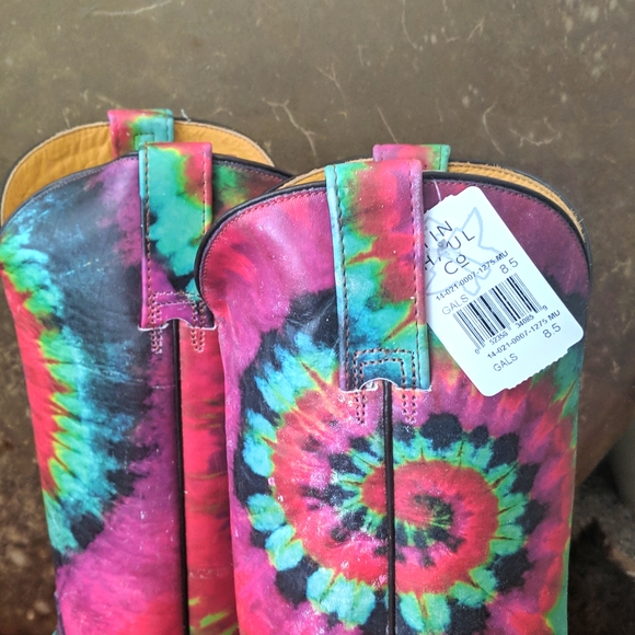 TIN HAUL "Happy Hippie" groovy rainbow tie dye leather cowgirl boots in box NWT - Picture 6 of 16